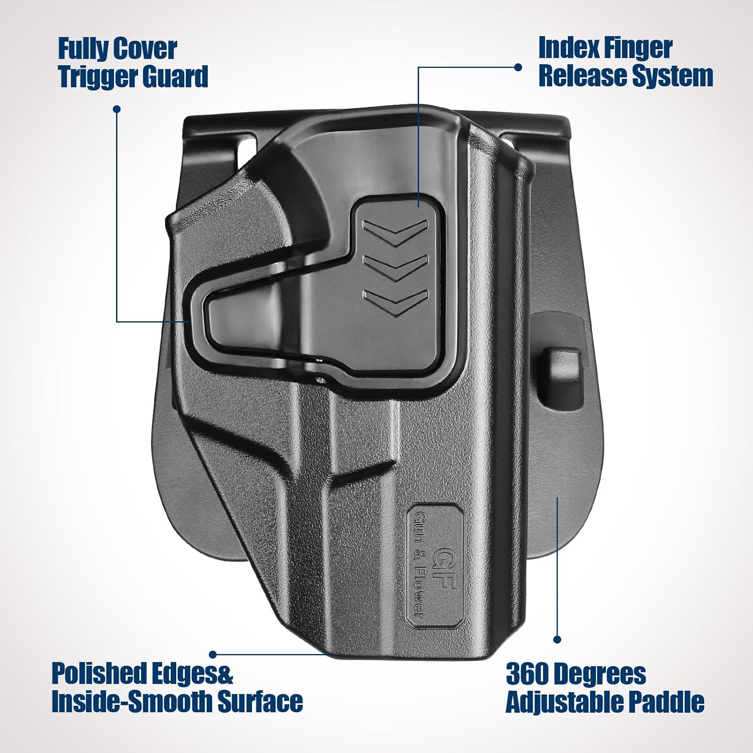 GUN & FLOWER OWB Paddle Holster Fits G19 Gen3-5 G26 Gen3-5 G19X G44 G45 MOS, Outside Waistband Carry Paddle w/Molle Adapter, Level II Index Finger Release, 360 Degrees Adjustable, Right Hand - Gunflowerholsters