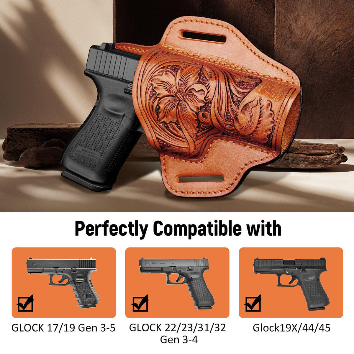 GUN & FLOWER Hand-Carved Full-Grain Leather Luxury OWB Holster for Glock 17/19 Gen 3-5, 22/23/31/32 Gen 3-4, Glock 19x/44/45 – Exclusive Dual-Sided Smooth Protection, Floral Design, Fits 1.5" Belts - Polymerholster