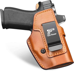 Glock 43/43X/43X MOS IWB Leather Holster - Optic Cut Concealed Carry, Appendix Inside Waistband, Fits 1.5"-1.75" Belt, Brown/Black Right Hand - GUN & FLOWER - Gunflowerholsters