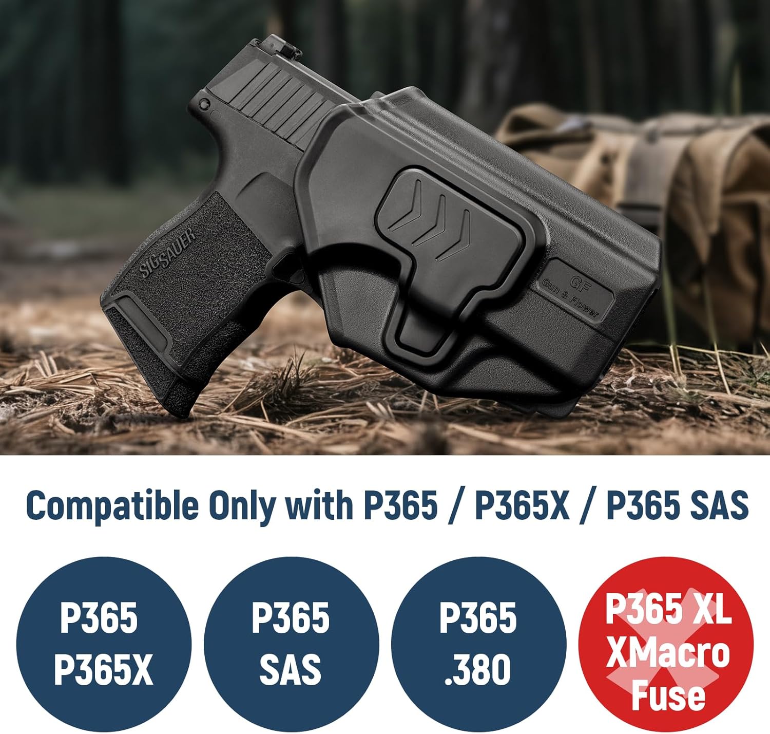 Gun & Flower P365 Holster with Molle Adapter, OWB Holster for Sig Sauer P365X / P 365 SAS / P365 .380, Index Release, Adjustable Cant, Right Hand - Gunflowerholsters