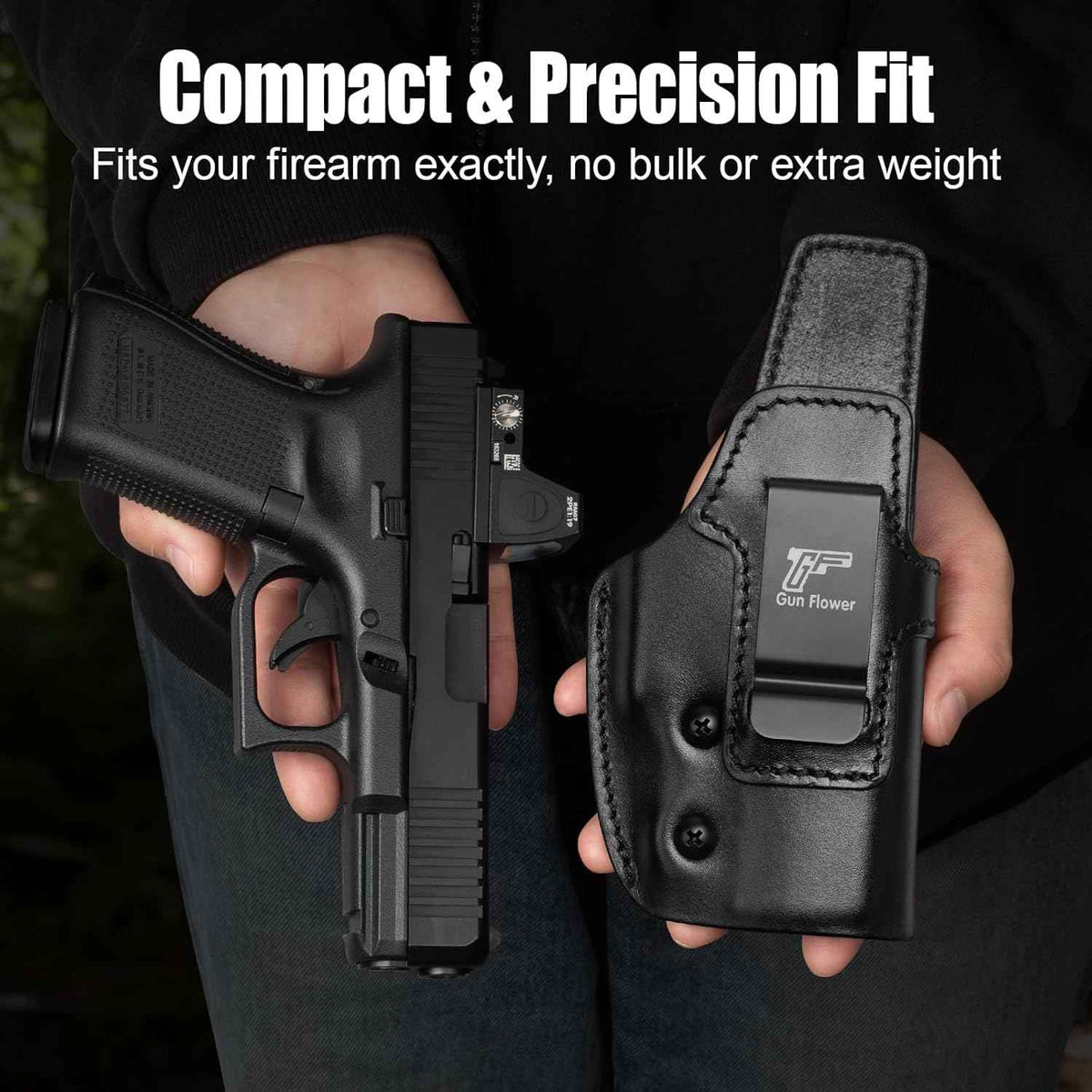 Gunflower  Glock 19/19X/23/32/44/45 Gen1-5 & MOS IWB Leather Holster - Optic Cut Custom Fit (Also PSA Dagger Compact & Ruger RXM), Premium Leather Concealed Carry, Fits 1.5"-1.75" Belt, Black Right Hand