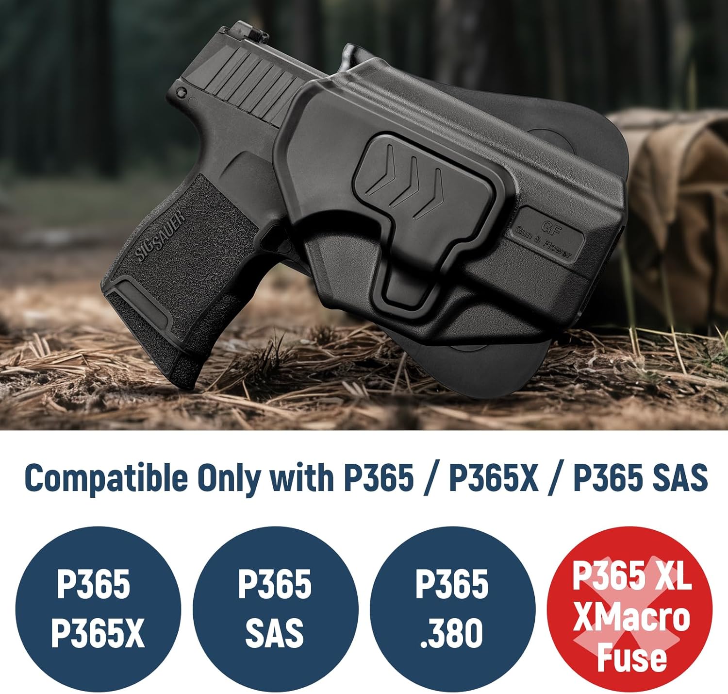 Gun & Flower OWB Paddle Holster with Silicone Backing, Compatible with P 365 / P365X / P365 SAS / P365 .380 ACP, Index Finger Release, 360° Adjustable Paddle, Outside Waistband Carry - Gunflowerholsters