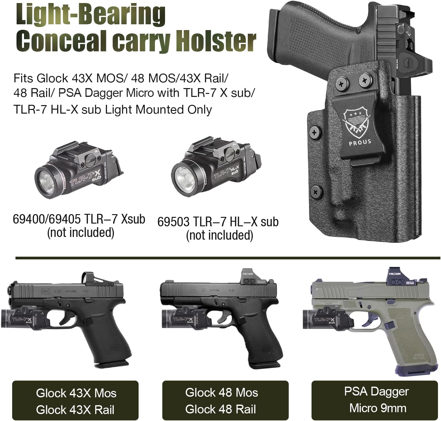 Glock 43X MOS / G48 MOS IWB Kydex Holster - Optics-Ready, TLR-7X/HL-X Sub Compatible, Adjustable Cant & Retention, Fits G43X Rail/G48 Rail/PSA Dagger Micro, Right Hand - Polymerholster