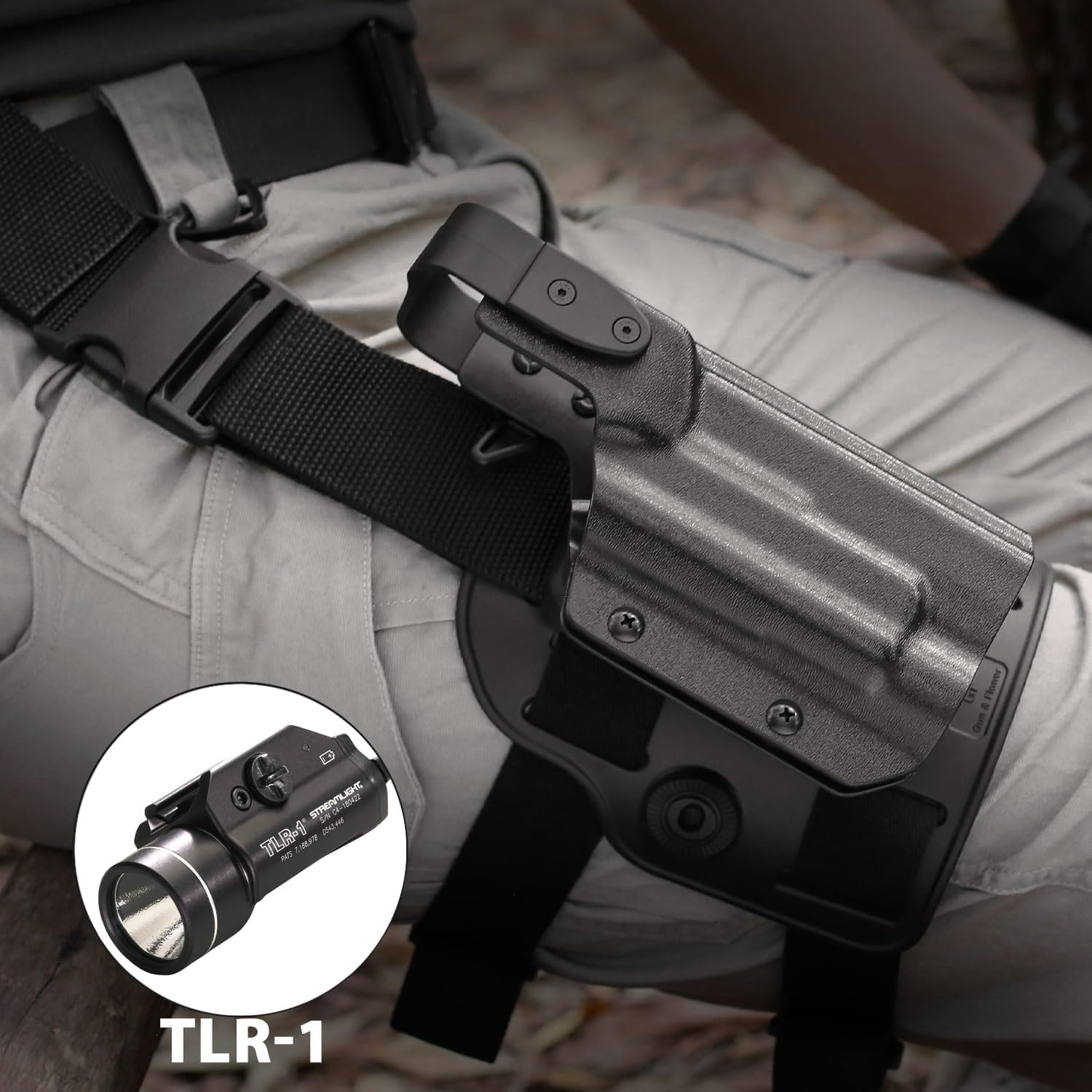 GUN & FLOWER Drop Leg Platform for Glock 17/19 (Gen3-5), Glock 22/23/31/32 (Gen3-4), Glock 19X/44/45 w/TLR-1 - Level 2 Holster + Mag Holes - Adjustable (No Mag Pouches) - Polymerholster