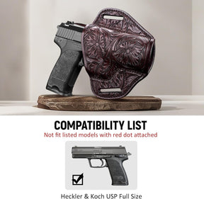 Premium Leather HK USP Holster - Compatible with Heckler & Koch (H&K) USP 9 mm /.40 Full Size, OWB Western Hand-Carved Holster for Women & Men - Fits 1.5" Belts, Right Hand - Gunflowerholsters