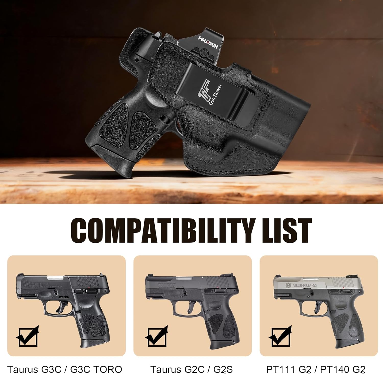 GUN & FLOWER Taurus G3C/G2C IWB Leather Holster - Premium Leather, Optic Cut & Appendix Concealed Carry, Fits 1.5"-1.75" Belts, Right Hand for G3C Toro/TX22 Compact/PT111/PT140 G2 - Gunflowerholsters
