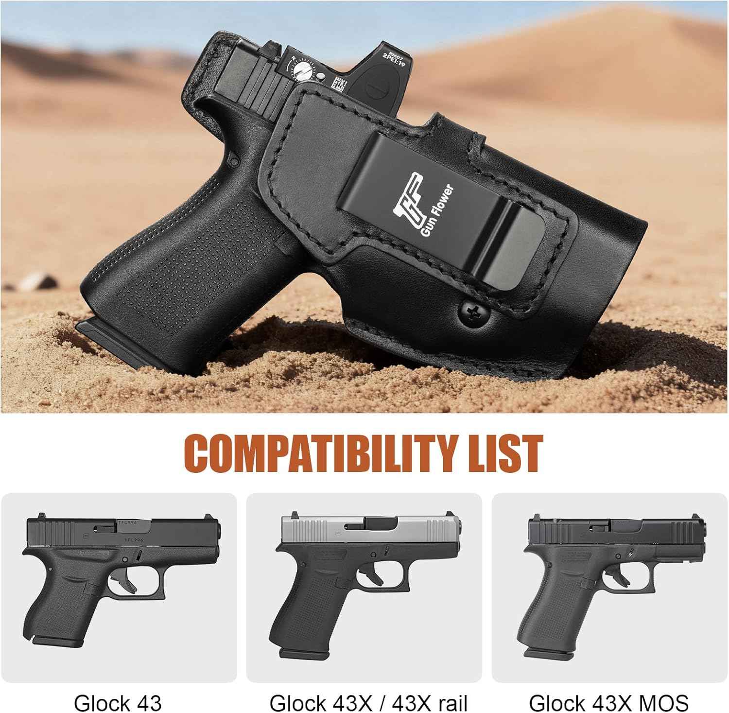 Glock 43/43X/43X MOS IWB Leather Holster - Optic Cut Concealed Carry, Appendix Inside Waistband, Fits 1.5"-1.75" Belt, Brown/Black Right Hand - GUN & FLOWER - Gunflowerholsters