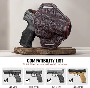 Premium Leather HK VP9 Holster - Compatible with Heckler & Koch (H&K) VP9/ VP40/ SFP9/ SFP40, OWB Western Hand-Carved Holster for Women & Men -Fits 1.5" Belts - Gunflowerholsters