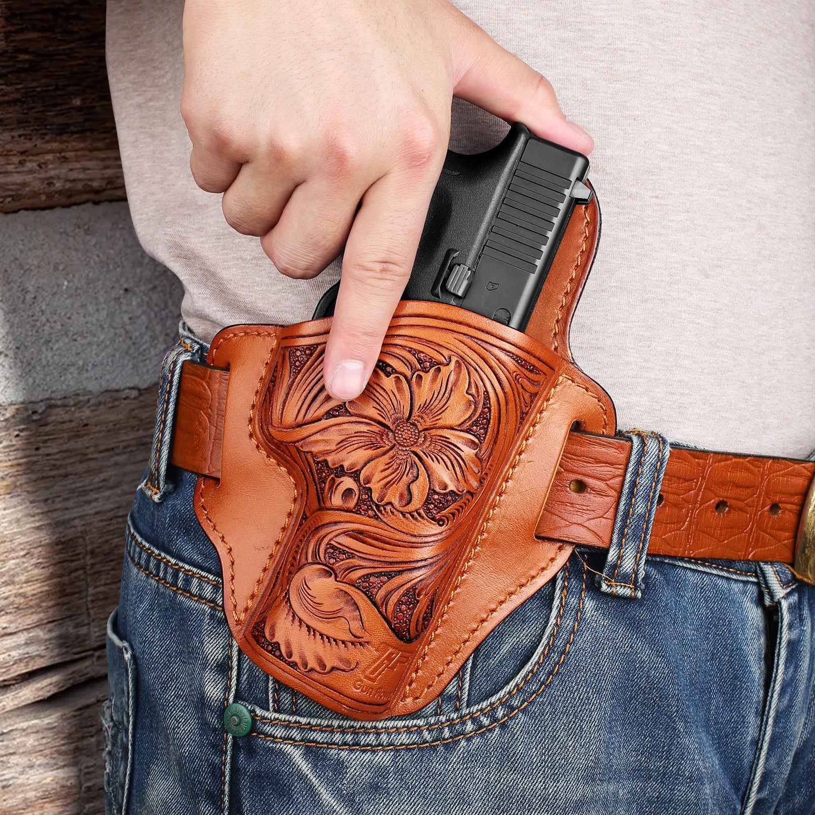 GUN & FLOWER Hand-Carved Full-Grain Leather Luxury OWB Holster for Glock 17/19 Gen 3-5, 22/23/31/32 Gen 3-4, Glock 19x/44/45 – Exclusive Dual-Sided Smooth Protection, Floral Design, Fits 1.5" Belts - Gunflowerholsters