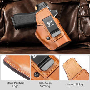 Glock 43/43X/43X MOS IWB Leather Holster - Optic Cut Concealed Carry, Appendix Inside Waistband, Fits 1.5"-1.75" Belt, Brown/Black Right Hand - GUN & FLOWER - Gunflowerholsters