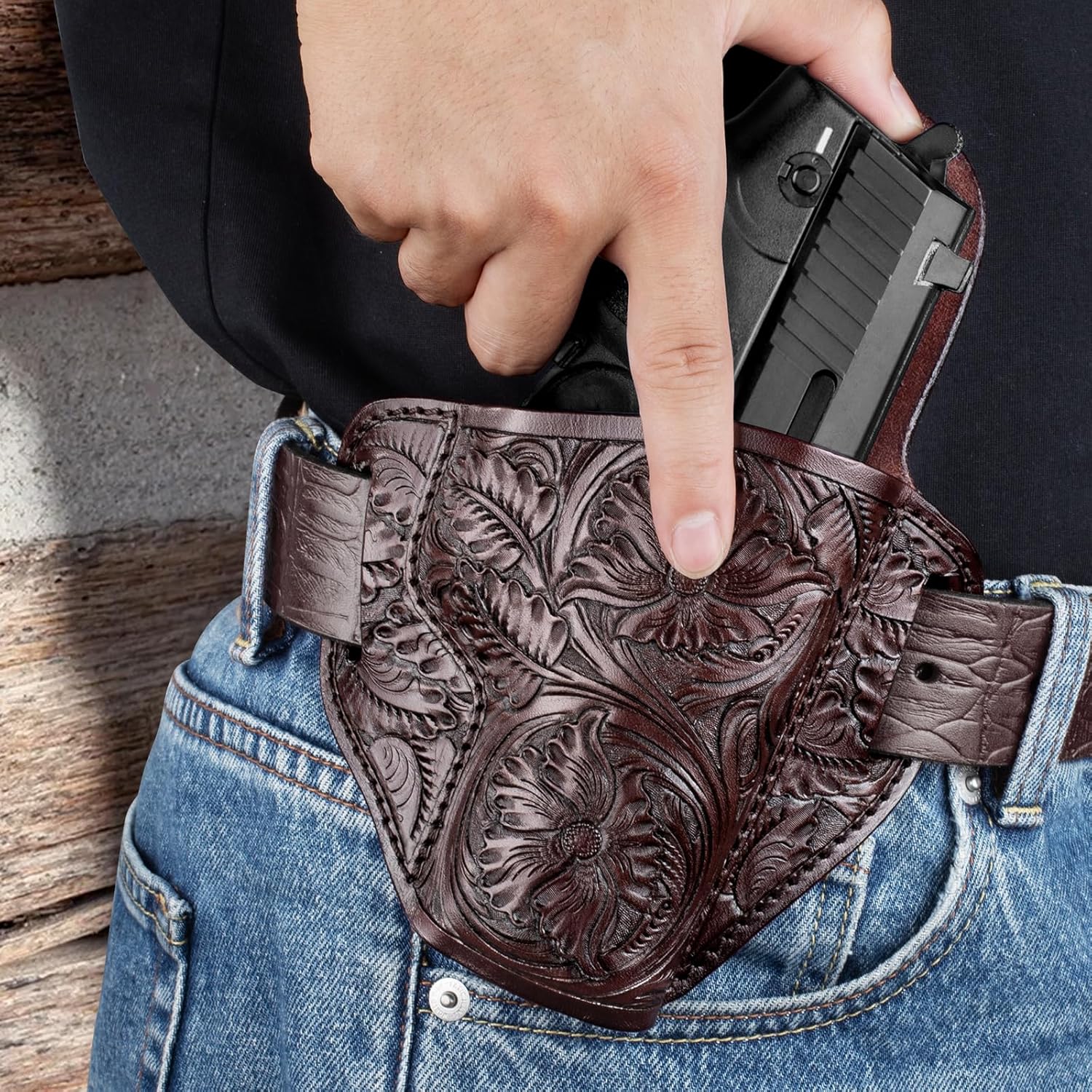 Premium Leather HK USP Holster - Compatible with Heckler & Koch (H&K) USP 9 mm /.40 Full Size, OWB Western Hand-Carved Holster for Women & Men - Fits 1.5" Belts, Right Hand - Gunflowerholsters