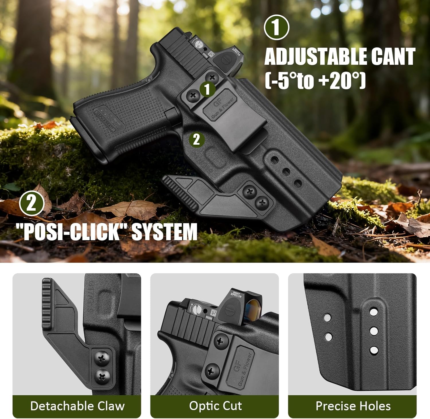 Glock 17/19 IWB Holster with Claw - Optic Cut, Adjustable Ride Height & Retention, Fits G19X/34/44/45 (Gen 1-5), G32 (Gen 3-4) & MOS Models, Right Hand - Polymerholster