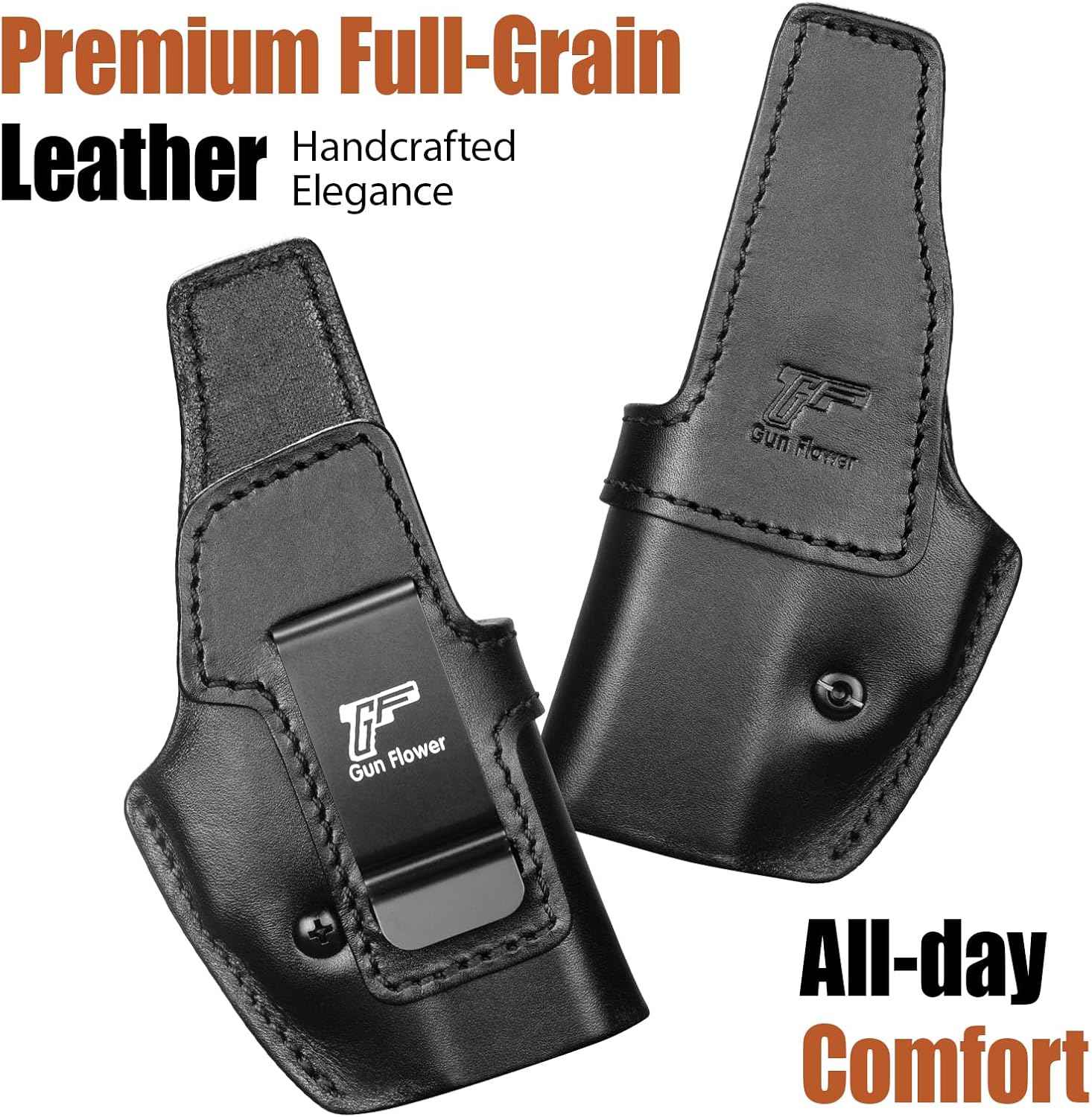 Glock 43/43X/43X MOS IWB Leather Holster - Optic Cut Concealed Carry, Appendix Inside Waistband, Fits 1.5"-1.75" Belt, Brown/Black Right Hand - GUN & FLOWER - Gunflowerholsters