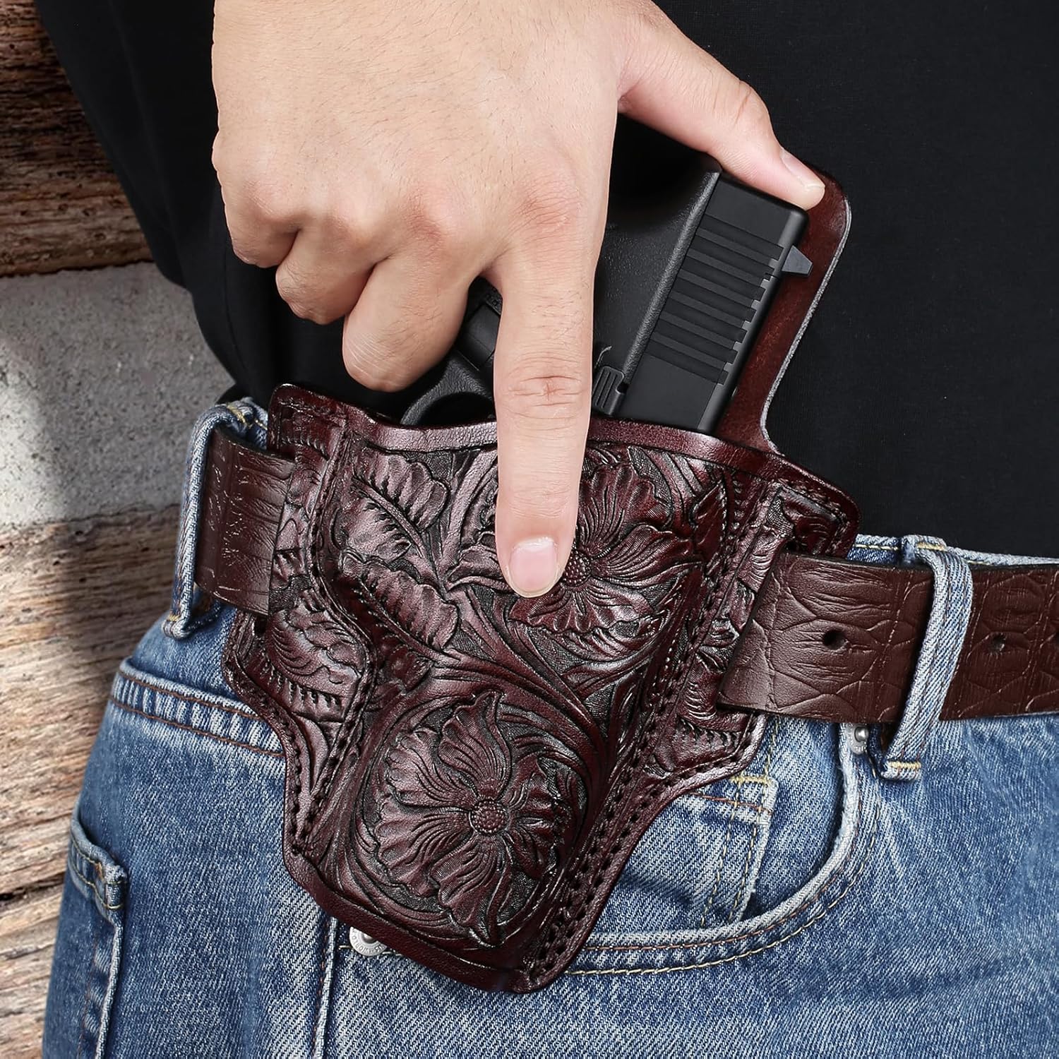 Premium Leather Holster for Women & Men, OWB Western Hand-Carved Holster - Compatible with Glock 17/19 Gen3-5 & 17/19 Gen4-5 MOS, 22/31(Gen3-4), 19X/ 44/45 - Fits 1.5" Belts, Right Hand - Polymerholster