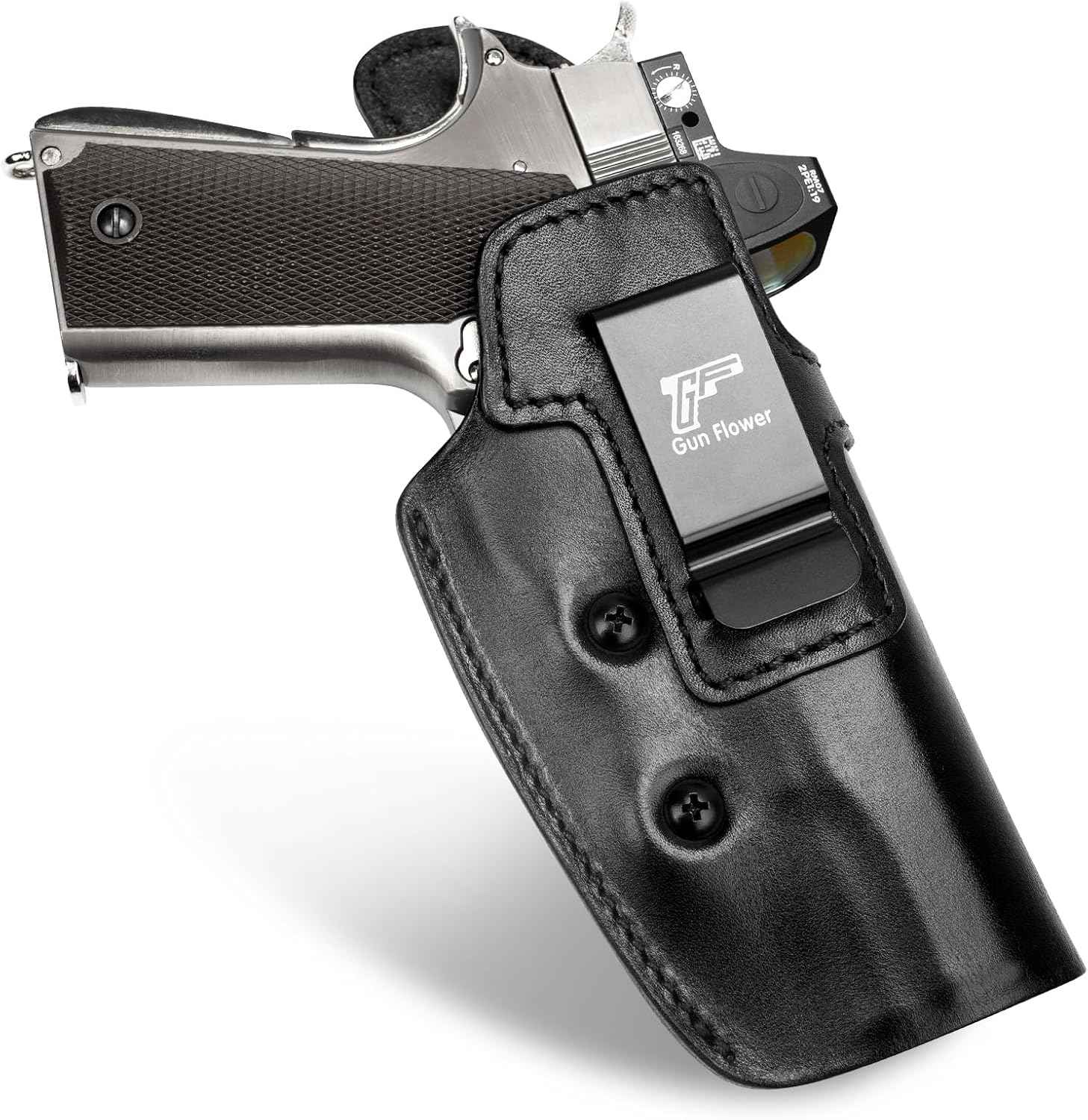 GUN & FLOWER 1911 Holster IWB Leather Optic Cut - Fits 5" / 4.25" / 4" Barrel 1911 firearms with or without Rail (Colt, Kimber, Springfield, S&W, Ruger, Tisas, Rock Island, Remington & More) - Right Hand Concealed Carry