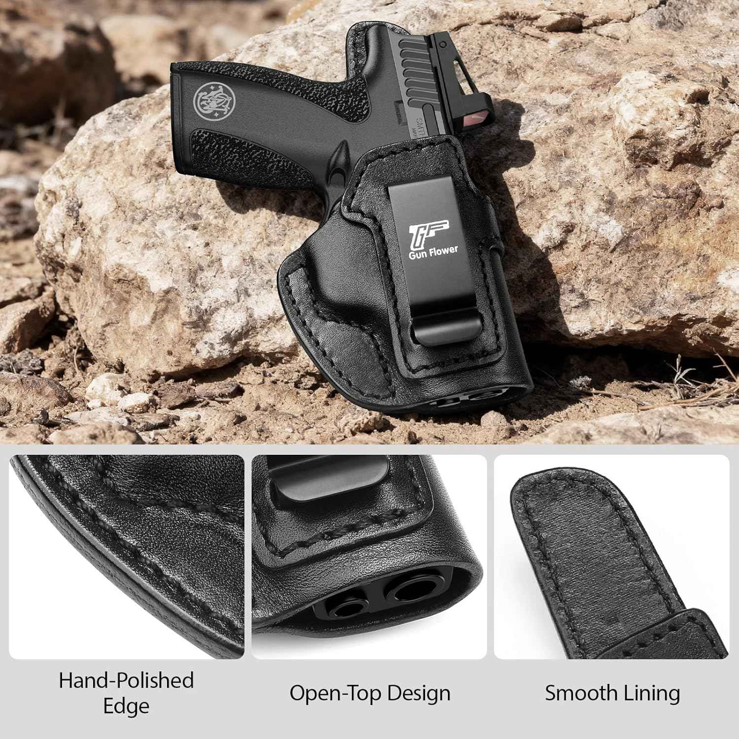 S&W Bodyguard 2.0 IWB Leather Holster - Optic Cut Concealed Carry, Premium Full Grain Leather, Fits 1.5"-1.75" Belt, Black Right Hand - GUN & FLOWER - Gunflowerholsters