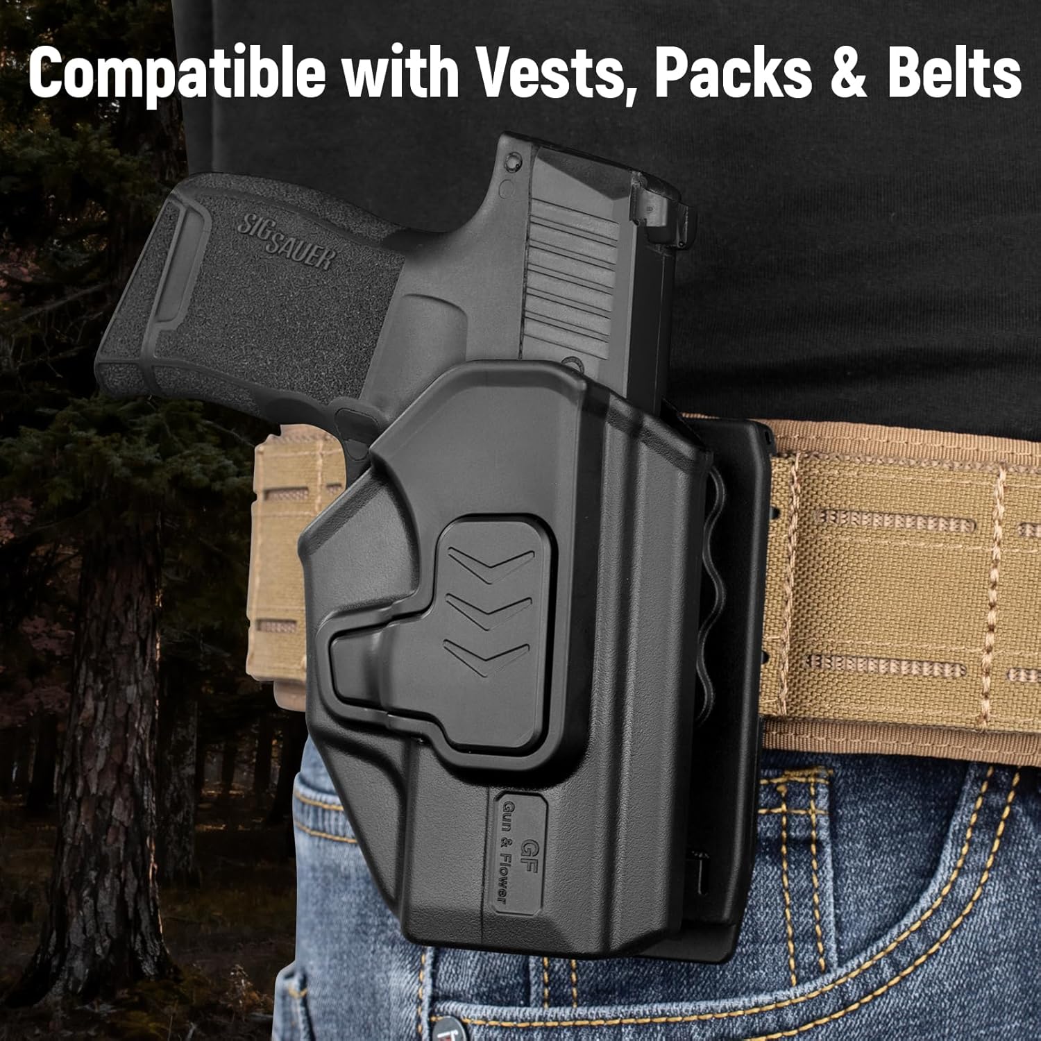 Gun & Flower P365 Holster with Molle Adapter, OWB Holster for Sig Sauer P365X / P 365 SAS / P365 .380, Index Release, Adjustable Cant, Right Hand - Gunflowerholsters