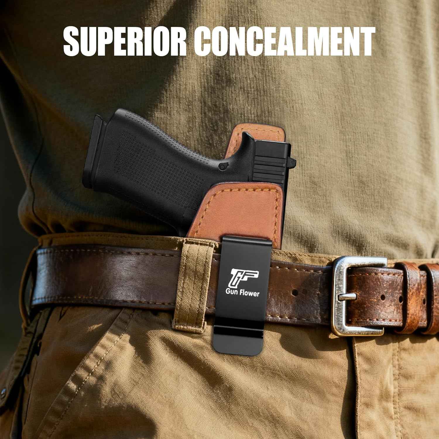 Glock 43/43X/43X MOS IWB Leather Holster - Optic Cut Concealed Carry, Appendix Inside Waistband, Fits 1.5"-1.75" Belt, Brown/Black Right Hand - GUN & FLOWER - Gunflowerholsters