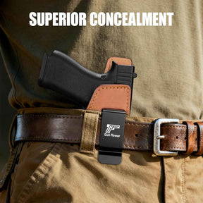 Glock 43/43X/43X MOS IWB Leather Holster - Optic Cut Concealed Carry, Appendix Inside Waistband, Fits 1.5"-1.75" Belt, Brown/Black Right Hand - GUN & FLOWER - Gunflowerholsters