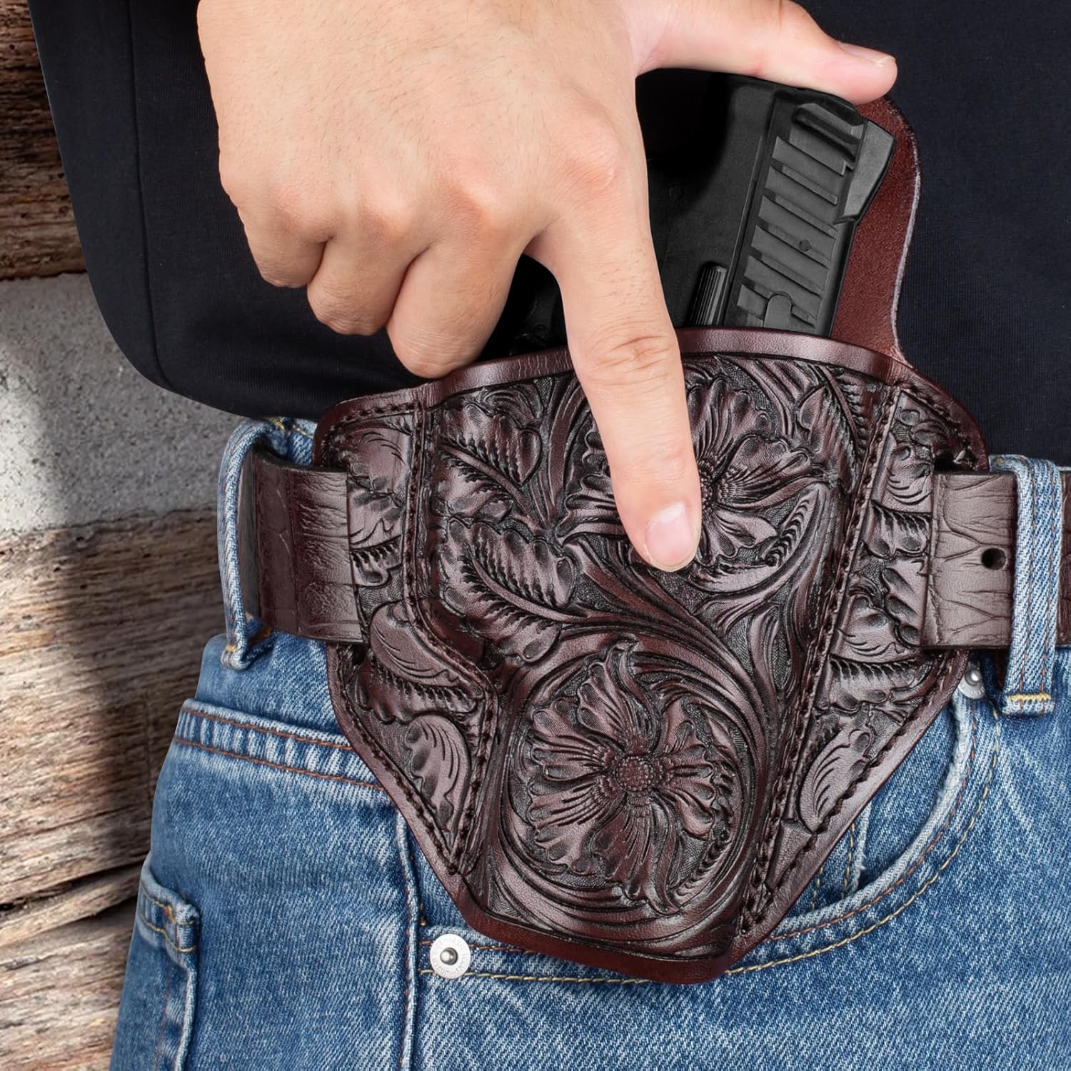 Premium Leather HK VP9 Holster - Compatible with Heckler & Koch (H&K) VP9/ VP40/ SFP9/ SFP40, OWB Western Hand-Carved Holster for Women & Men -Fits 1.5" Belts - Gunflowerholsters