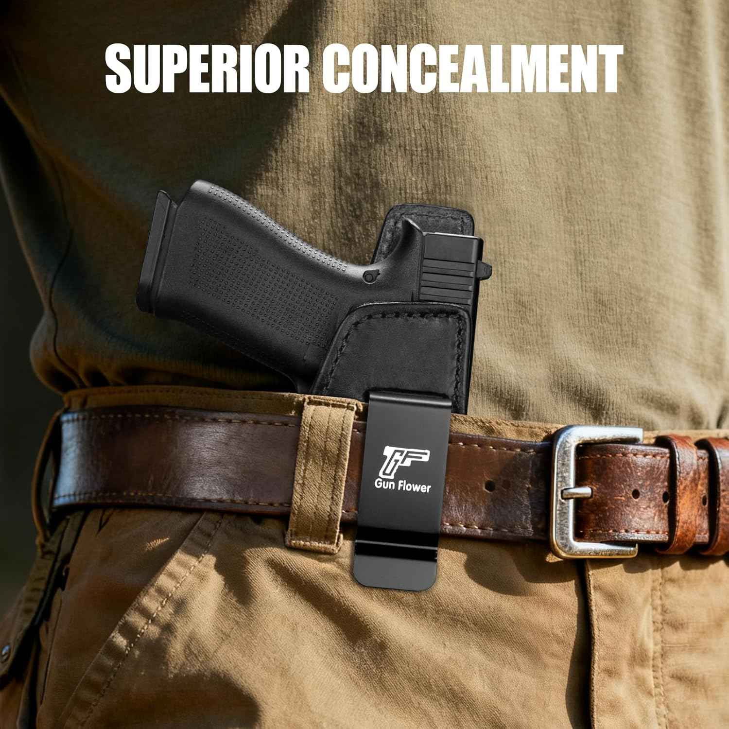 Glock 43/43X/43X MOS IWB Leather Holster - Optic Cut Concealed Carry, Appendix Inside Waistband, Fits 1.5"-1.75" Belt, Brown/Black Right Hand - GUN & FLOWER - Gunflowerholsters