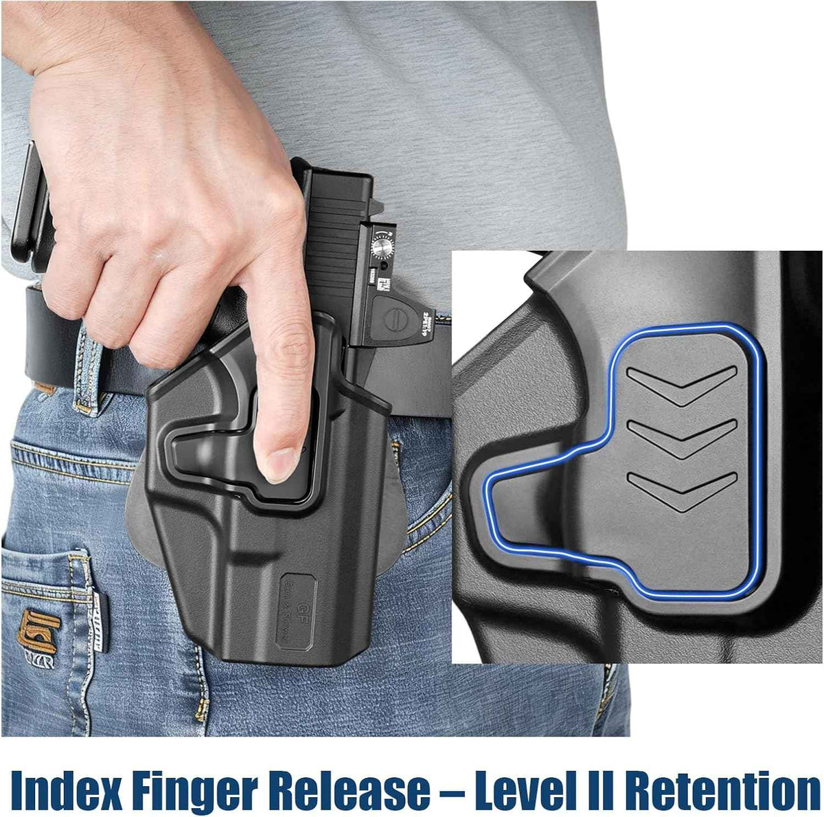 G19 OWB Index Finger Release Holster for Glock 19 G26 Gen 3 4 5, 19X 23 Gen 3 4, G 32 44 45 丨 Level II Retention, 360° Adjustable丨Optic-Compatible Option Available