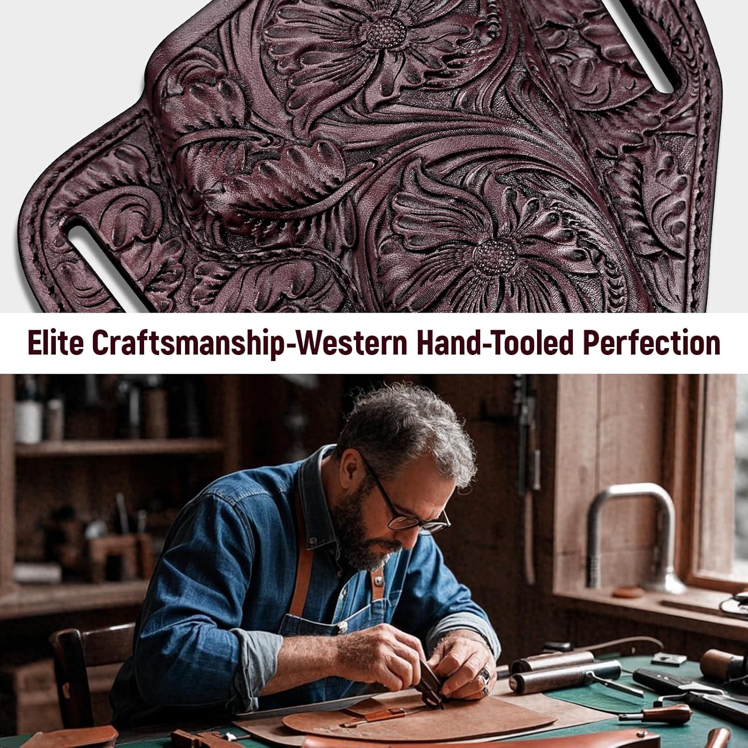 Premium Leather HK USP Holster - Compatible with Heckler & Koch (H&K) USP 9 mm /.40 Full Size, OWB Western Hand-Carved Holster for Women & Men - Fits 1.5" Belts, Right Hand - Gunflowerholsters