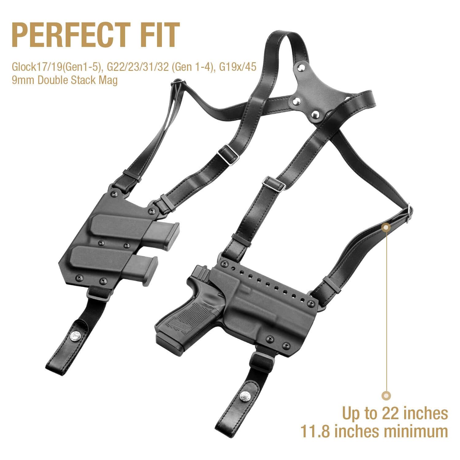 Handmade Full Grain Leather Strap with US Kydex Hybrid Shoulder Holster for Glock G17 Gen3-5  G19 Gen3-5  G19X  G22 Gen5  G23 Gen3-5  G26 Gen3-5  G32 Gen3-4  G34 Gen3-5  G44  G45  & 9mm/.40 Double-Stack Mag - Polymerholster