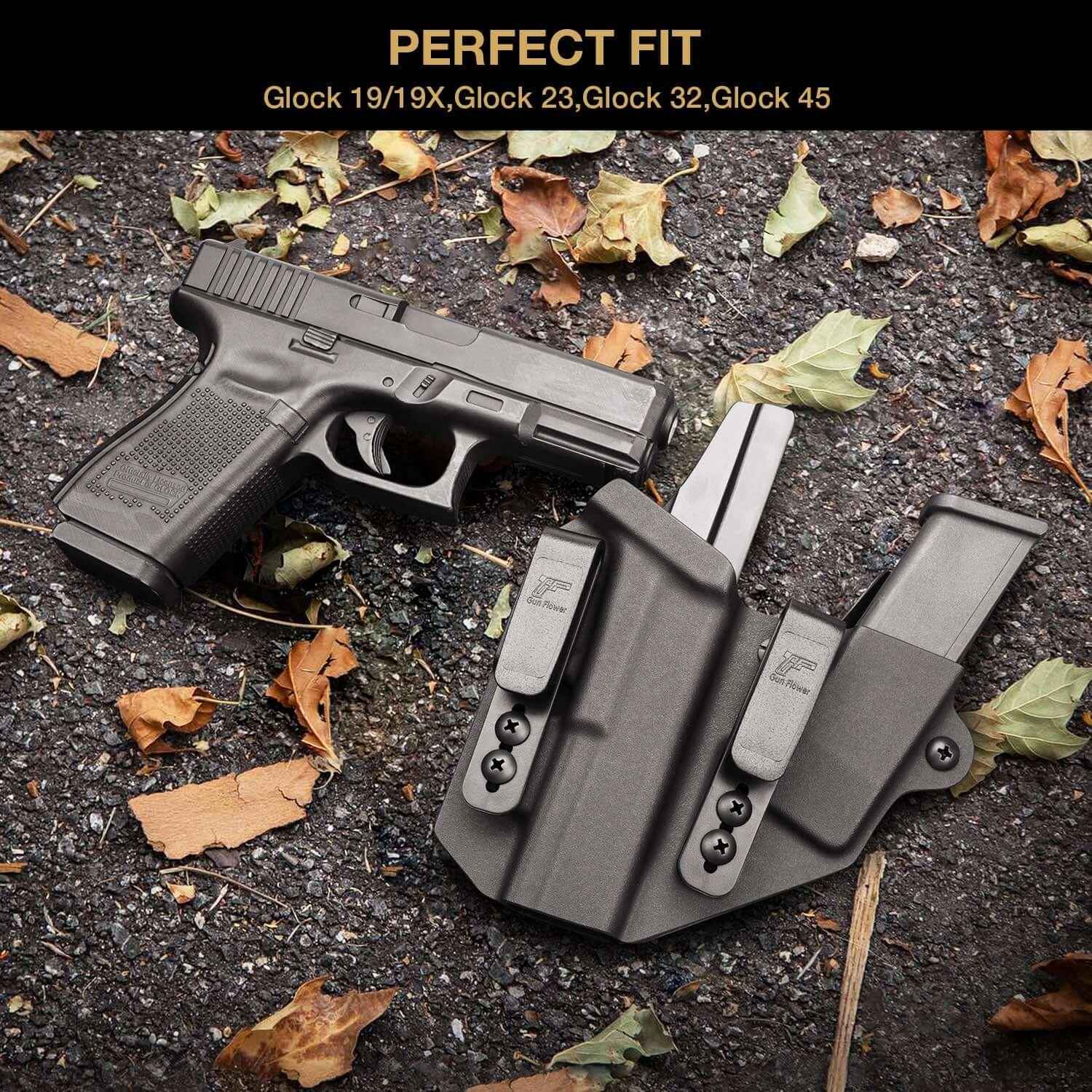 Sidecar Kydex Gun Holster Magazine Pouch for Glock 17 Gen3-5 G17 Gen4 MOS G17 Gen5 MOS G19 Gen3-5 G19 Gen4 MOS G19 Gen5 MOS G21 gen5 Glock 26 Gen3-5 G34 G19X G34 Gen5 G44 G45 MOS 9mm | Gun & Flower