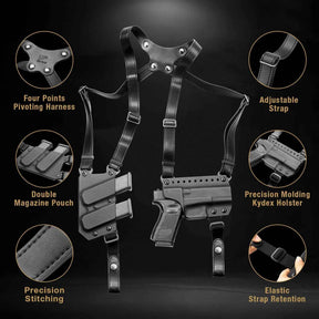 Handmade Full Grain Leather Strap with US Kydex Hybrid Shoulder Holster for Glock G17 Gen3-5  G19 Gen3-5  G19X  G22 Gen5  G23 Gen3-5  G26 Gen3-5  G32 Gen3-4  G34 Gen3-5  G44  G45  & 9mm/.40 Double-Stack Mag