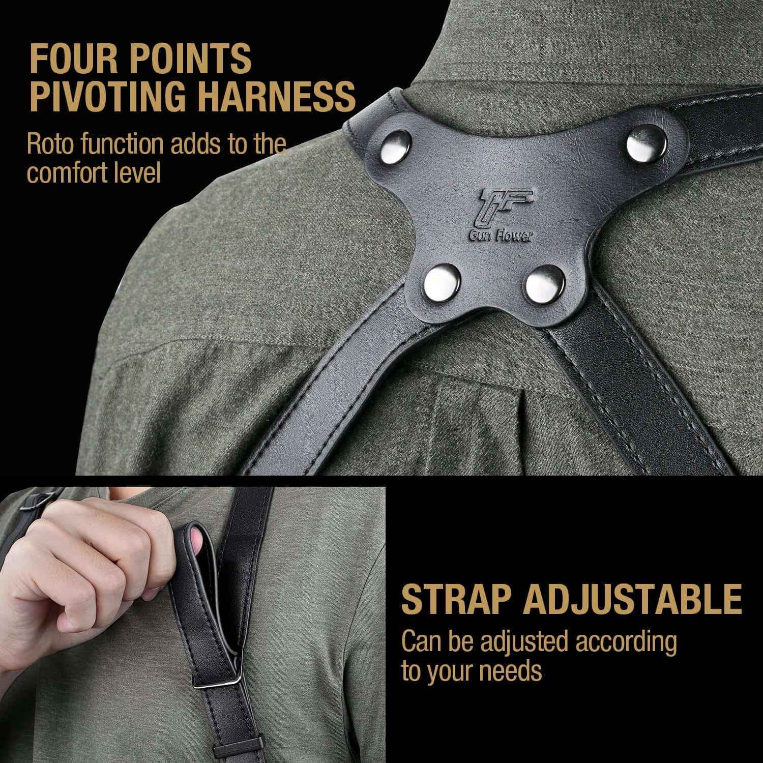 Handmade Full Grain Leather Strap with US Kydex Hybrid Shoulder Holster for Glock G17 Gen3-5  G19 Gen3-5  G19X  G22 Gen5  G23 Gen3-5  G26 Gen3-5  G32 Gen3-4  G34 Gen3-5  G44  G45  & 9mm/.40 Double-Stack Mag