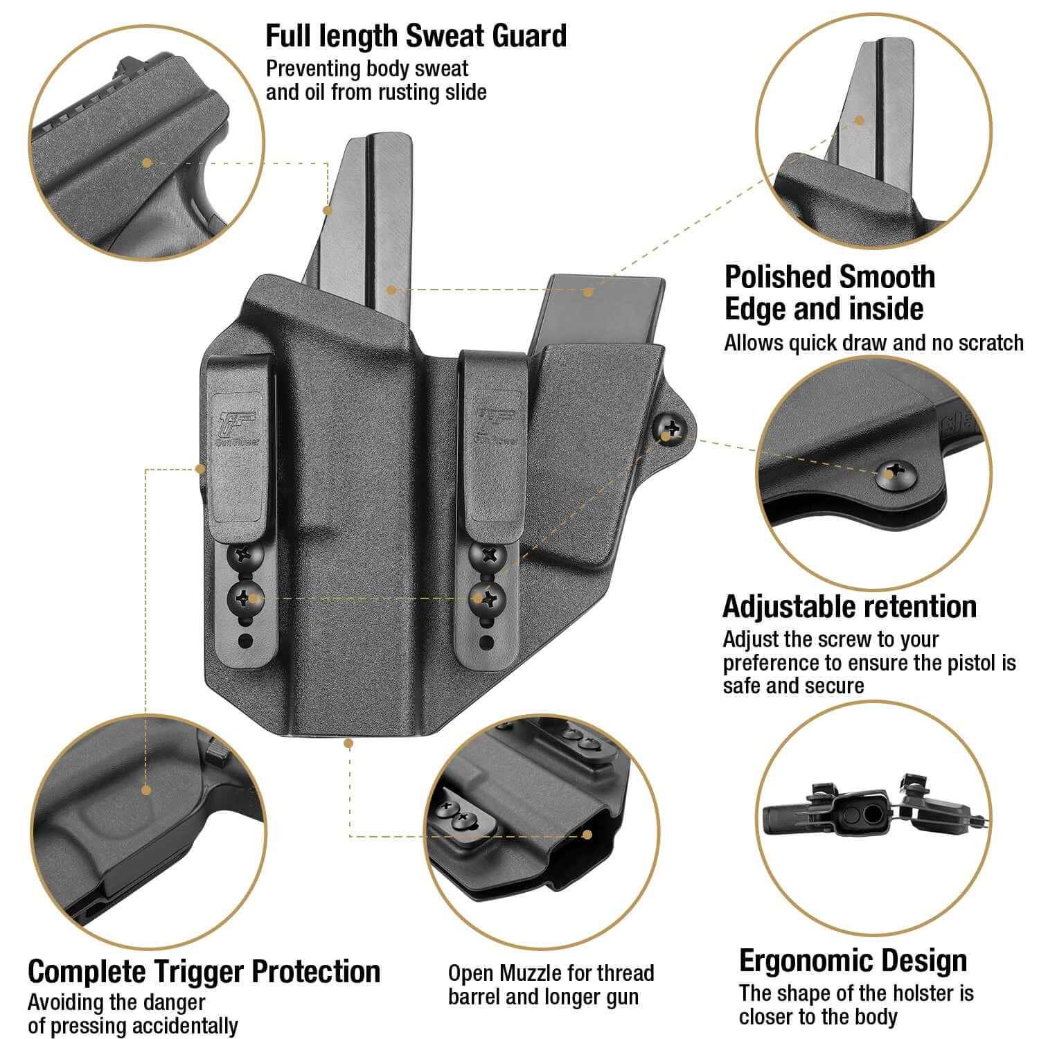 Sidecar Kydex Gun Holster Magazine Pouch for Glock 17 Gen3-5 G17 Gen4 MOS G17 Gen5 MOS G19 Gen3-5 G19 Gen4 MOS G19 Gen5 MOS G21 gen5 Glock 26 Gen3-5 G34 G19X G34 Gen5 G44 G45 MOS 9mm | Gun & Flower