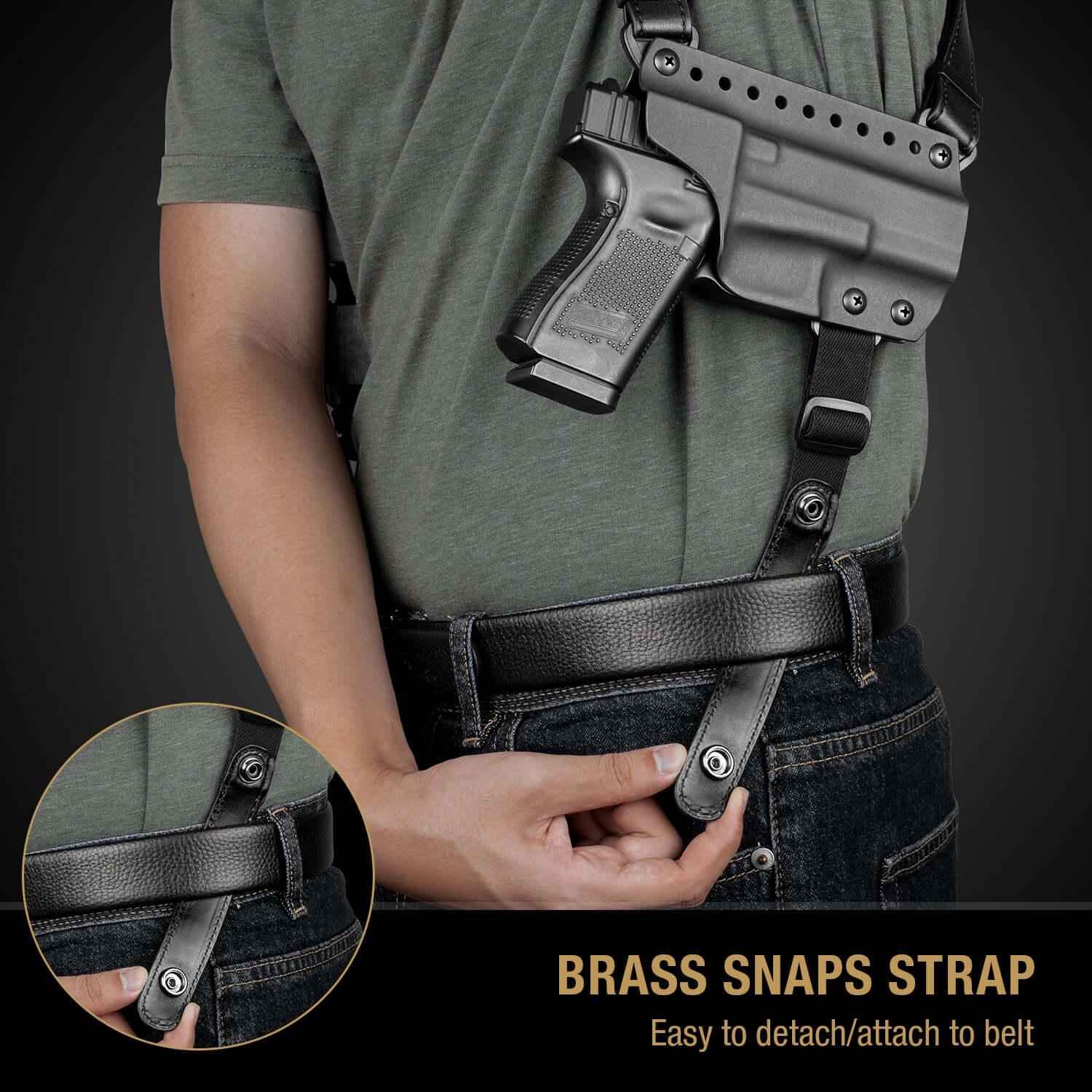 Handmade Full Grain Leather Strap with US Kydex Hybrid Shoulder Holster for Glock G17 Gen3-5  G19 Gen3-5  G19X  G22 Gen5  G23 Gen3-5  G26 Gen3-5  G32 Gen3-4  G34 Gen3-5  G44  G45  & 9mm/.40 Double-Stack Mag