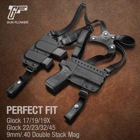 Handmade Full Grain Leather Strap with US Kydex Hybrid Shoulder Holster for Glock G17 Gen3-5  G19 Gen3-5  G19X  G22 Gen5  G23 Gen3-5  G26 Gen3-5  G32 Gen3-4  G34 Gen3-5  G44  G45  & 9mm/.40 Double-Stack Mag