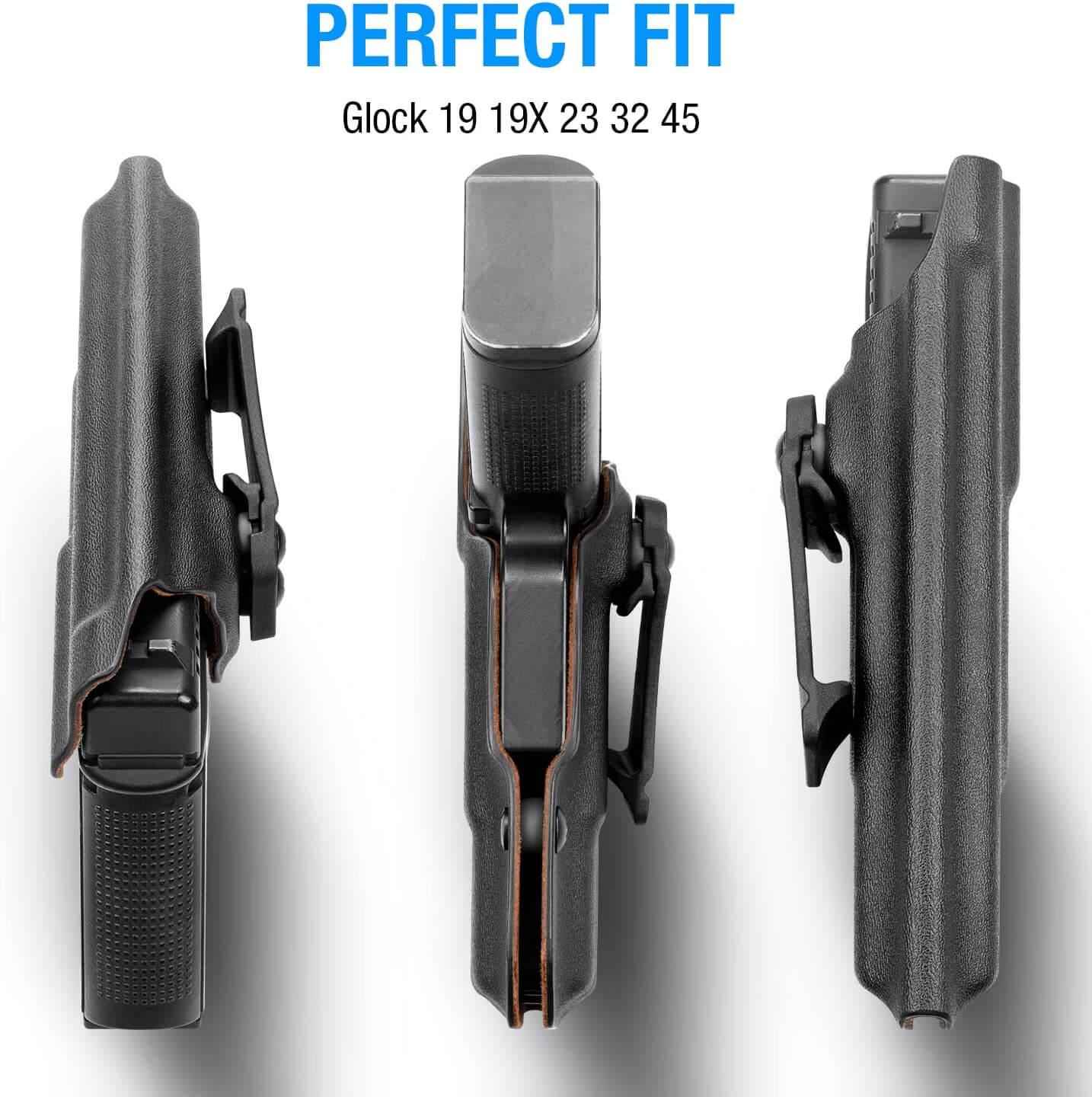 Glock G19 Gen3-5  G19X  G23 Gen3-4  G26 Gen3-5  G32 Gen3-4  G44  G45 Custom Leather Lined Kydex Holster IWB, Right Hand | Gun&Flower