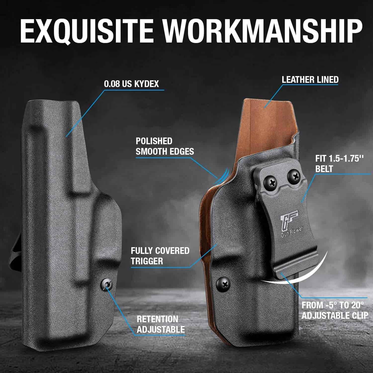 Glock G19 Gen3-5  G19X  G23 Gen3-4  G26 Gen3-5  G32 Gen3-4  G44  G45 Custom Leather Lined Kydex Holster IWB, Right Hand | Gun&Flower