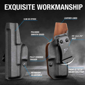 Glock G19 Gen3-5  G19X  G23 Gen3-4  G26 Gen3-5  G32 Gen3-4  G44  G45 Custom Leather Lined Kydex Holster IWB, Right Hand | Gun&Flower
