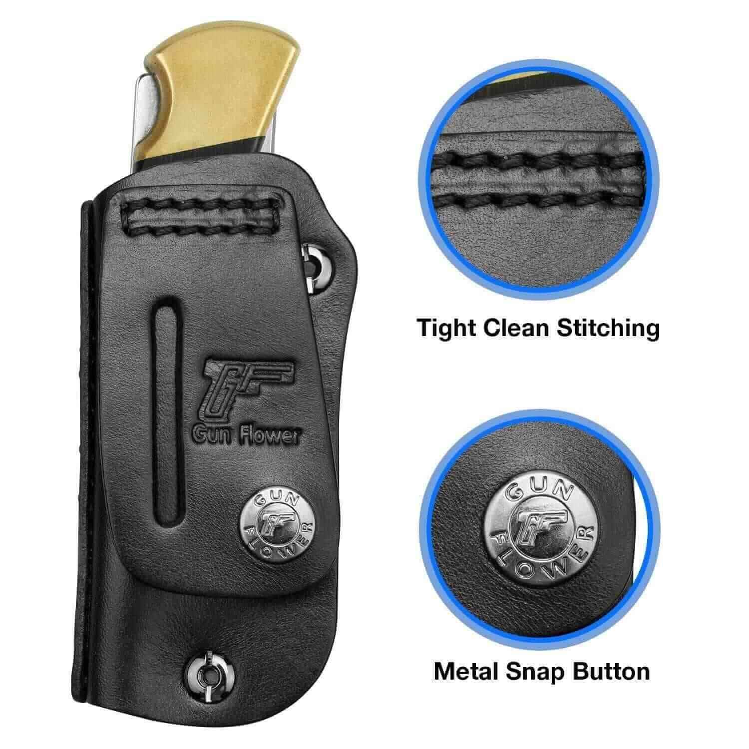 Buck 110 / 112 Ranger Folding Knife Leather Sheath, Retention Adjustable, Fit 1.5'' and 1.75'' Wide Belt | Gun & Flower