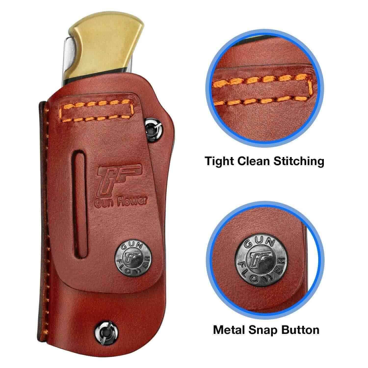 Buck 110 / 112 Ranger Folding Knife Leather Sheath, Retention Adjustable, Fit 1.5'' and 1.75'' Wide Belt | Gun & Flower