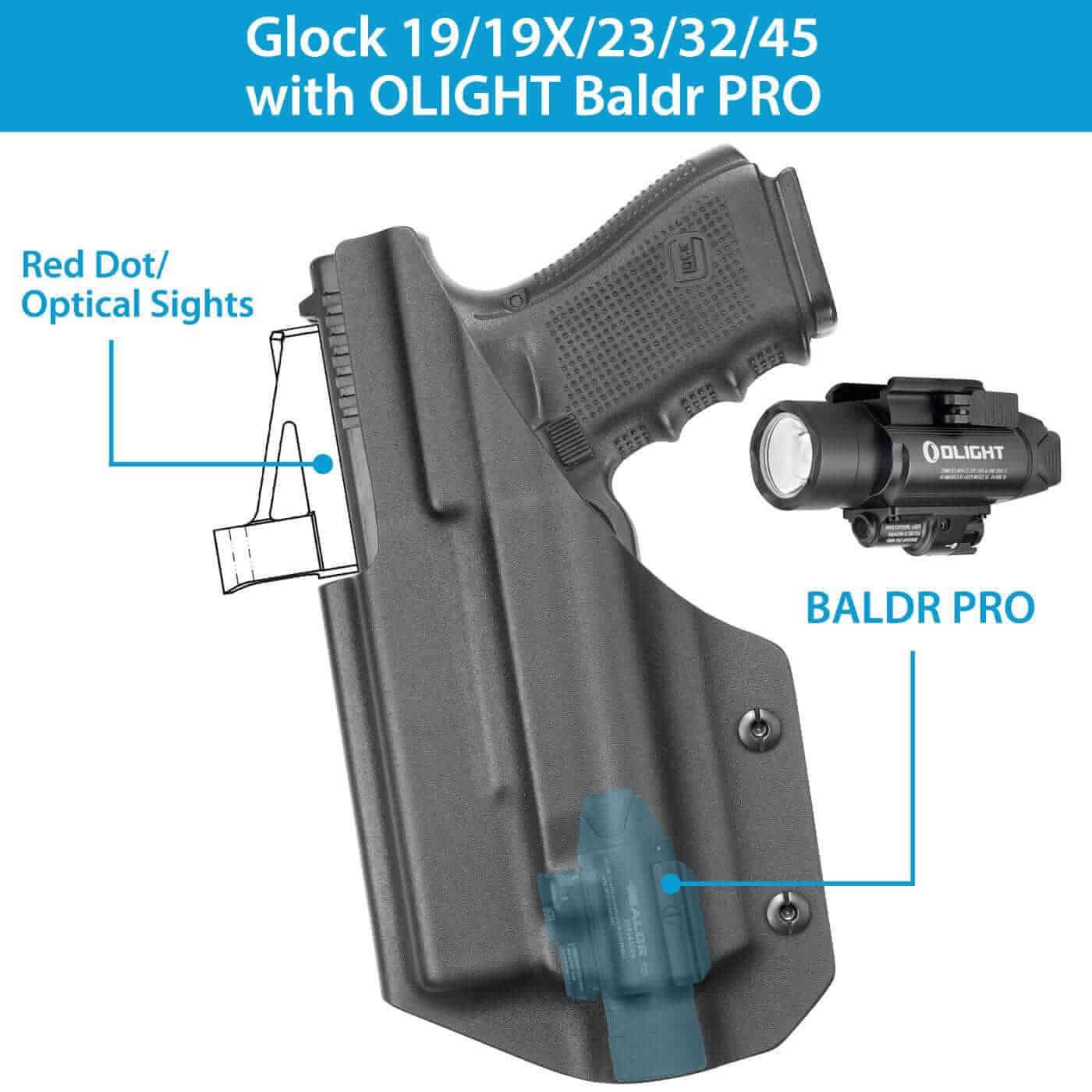Glock 19/19X/23/32/45 Kydex IWB Light Bearing Holster With Olight Baldr PRO Weapon Light & Red Dot Sight Optics Cut , Right Hand | Gun & Flower - Polymerholster