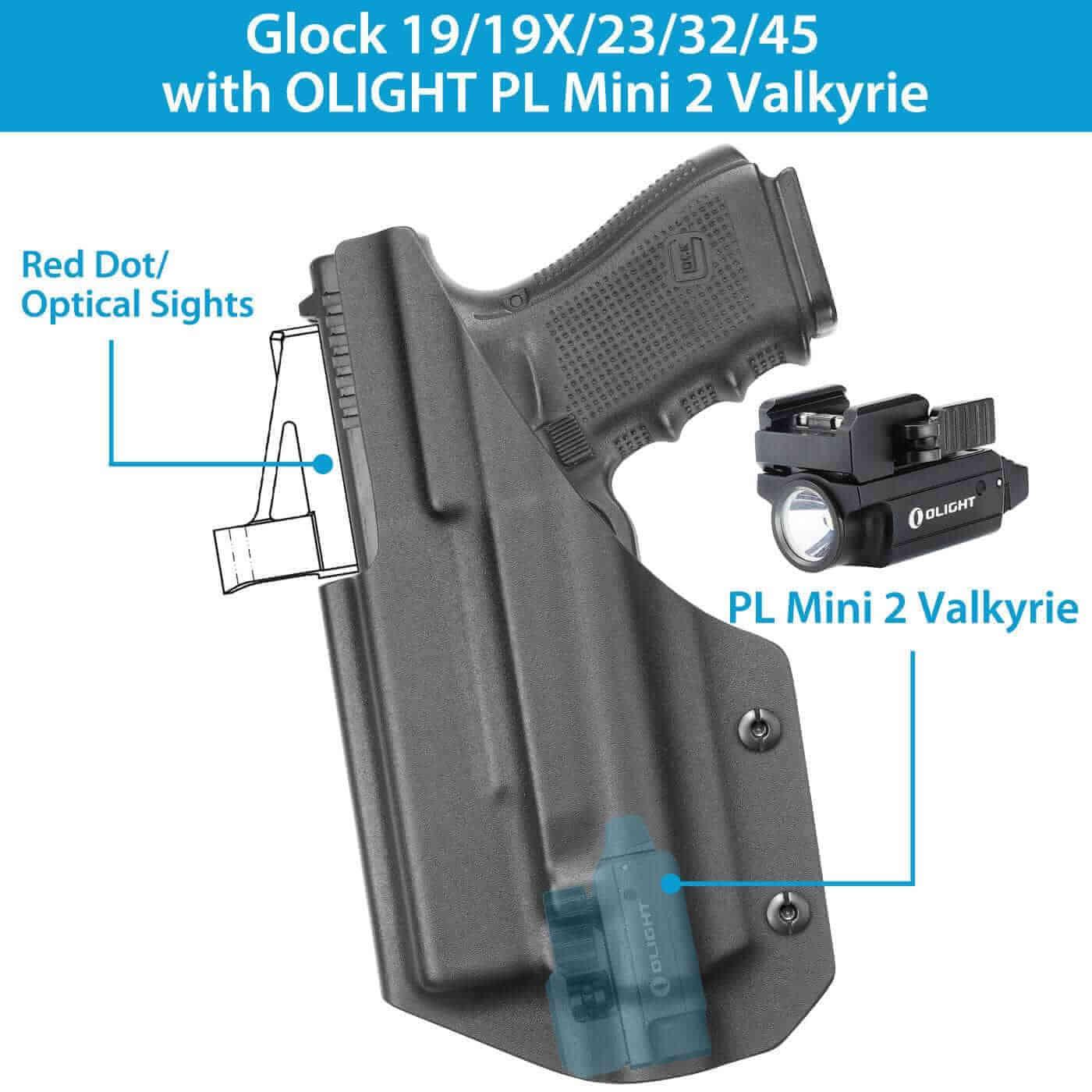 Glock 19/19X/23/32/45 Kydex IWB Light Bearing Holster With Olight Baldr PRO Weapon Light & Red Dot Sight Optics Cut , Right Hand | Gun & Flower - Polymerholster