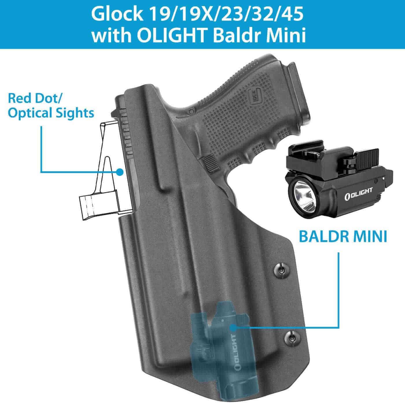 Glock 19/19X/23/32/45 Kydex IWB Light Bearing Holster With Olight Baldr PRO Weapon Light & Red Dot Sight Optics Cut , Right Hand | Gun & Flower - Polymerholster