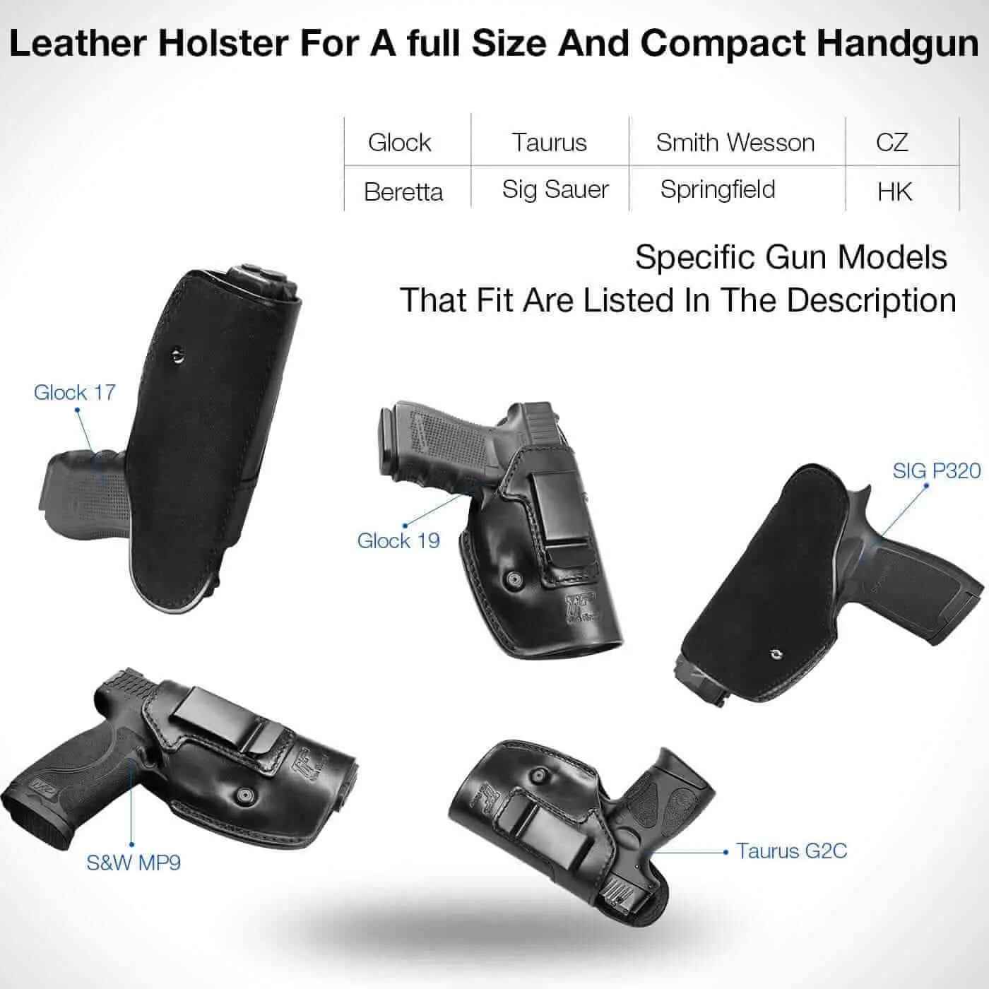 Full Grain Leather IWB Holsters for Most Handguns - Left & Right-Hand Compatible