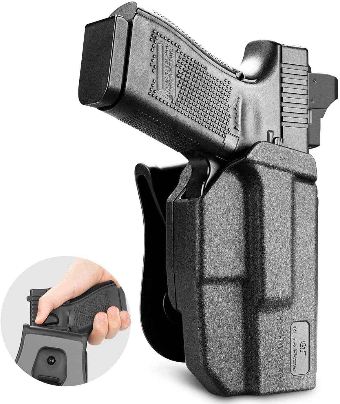 OWB Thumb Release Holster Fit Glock G19 Gen3-5  G19X  G19 Gen4 MOS  G19 Gen5 MOS  G23 Gen3-4  G26 Gen3-5  G26 Gen5 MOS  G32 Gen3-4  G44  G45  G45 MOS  Compatible with Red Dot/Optics, Right Handed | Gun & Flower