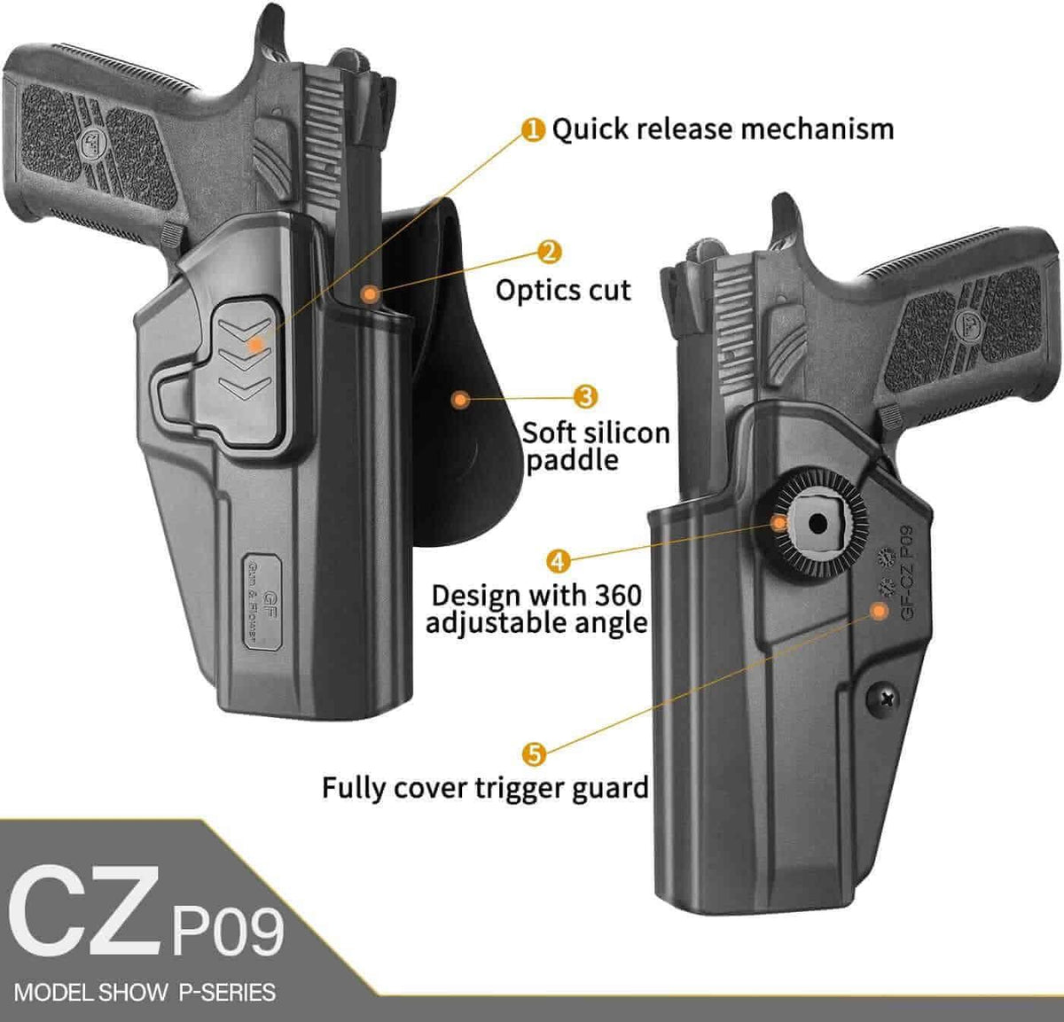 CZ P09 Holster, OWB Paddle Holster for CZ P-07/P-09/P-07 Duty/CZ Shadow 2 Compact. Outside Waistband Carry Holster, Index Finger Release System丨Adjustable Cant - Right Hand. - Polymerholster