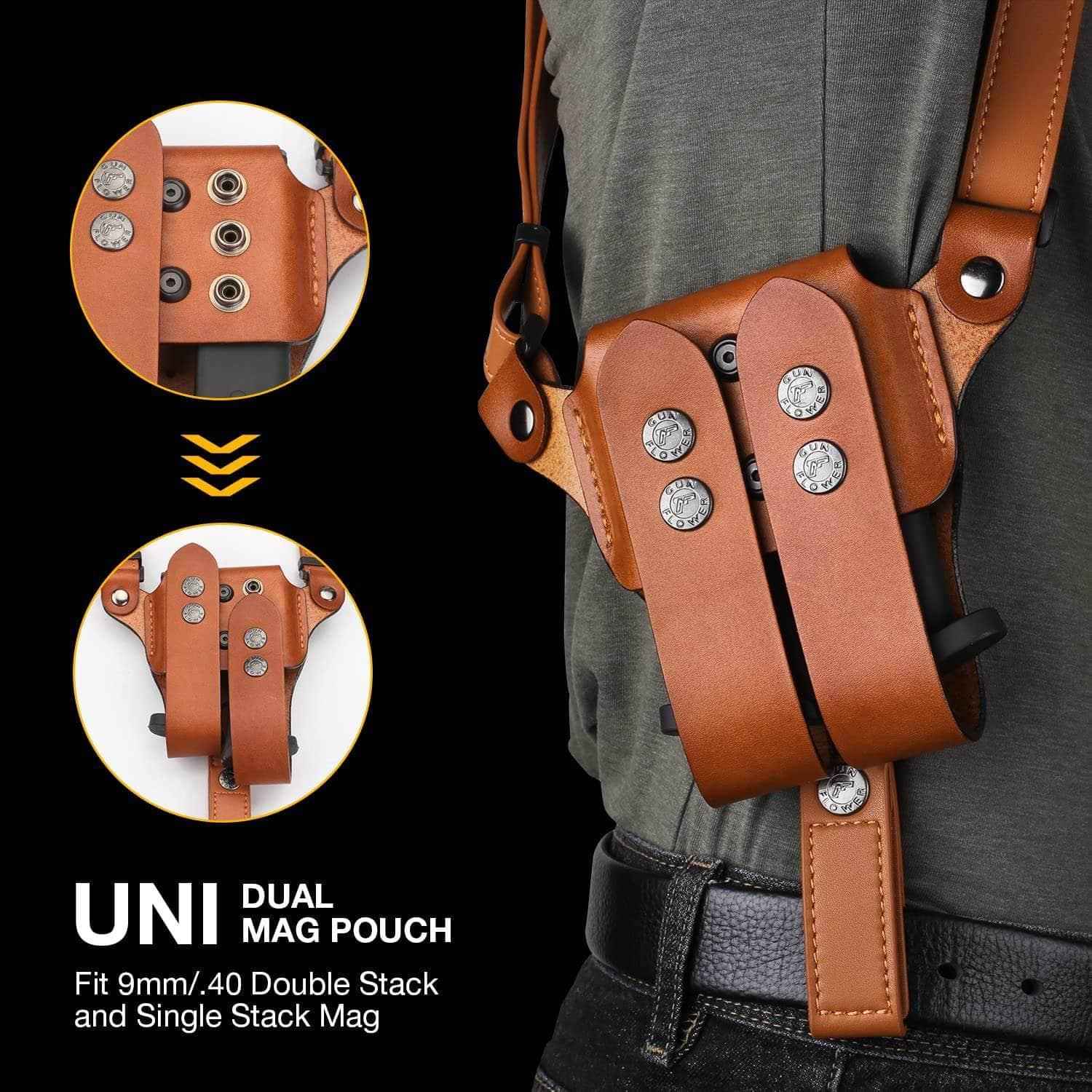 Handmade Universal Leather Shoulder Concealed Holster with Shoulder Straps for Weapons and Double Mag Holder - Right Hand