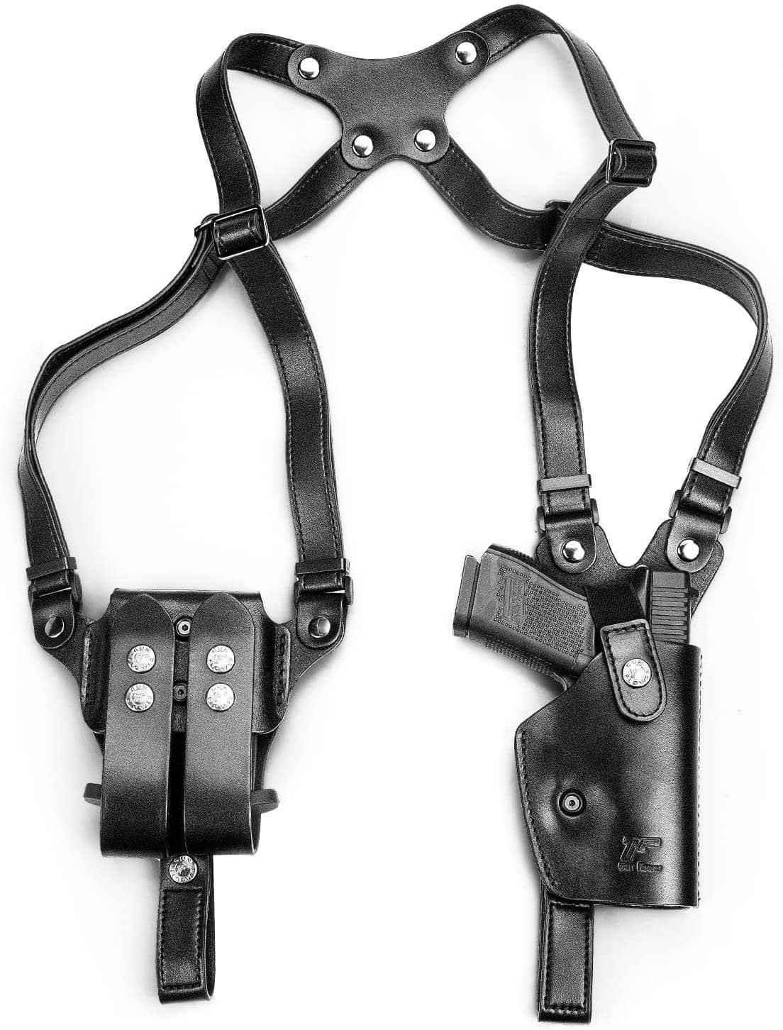 Handmade Universal Leather Shoulder Concealed Holster with Shoulder Straps for Weapons and Double Mag Holder - Right Hand