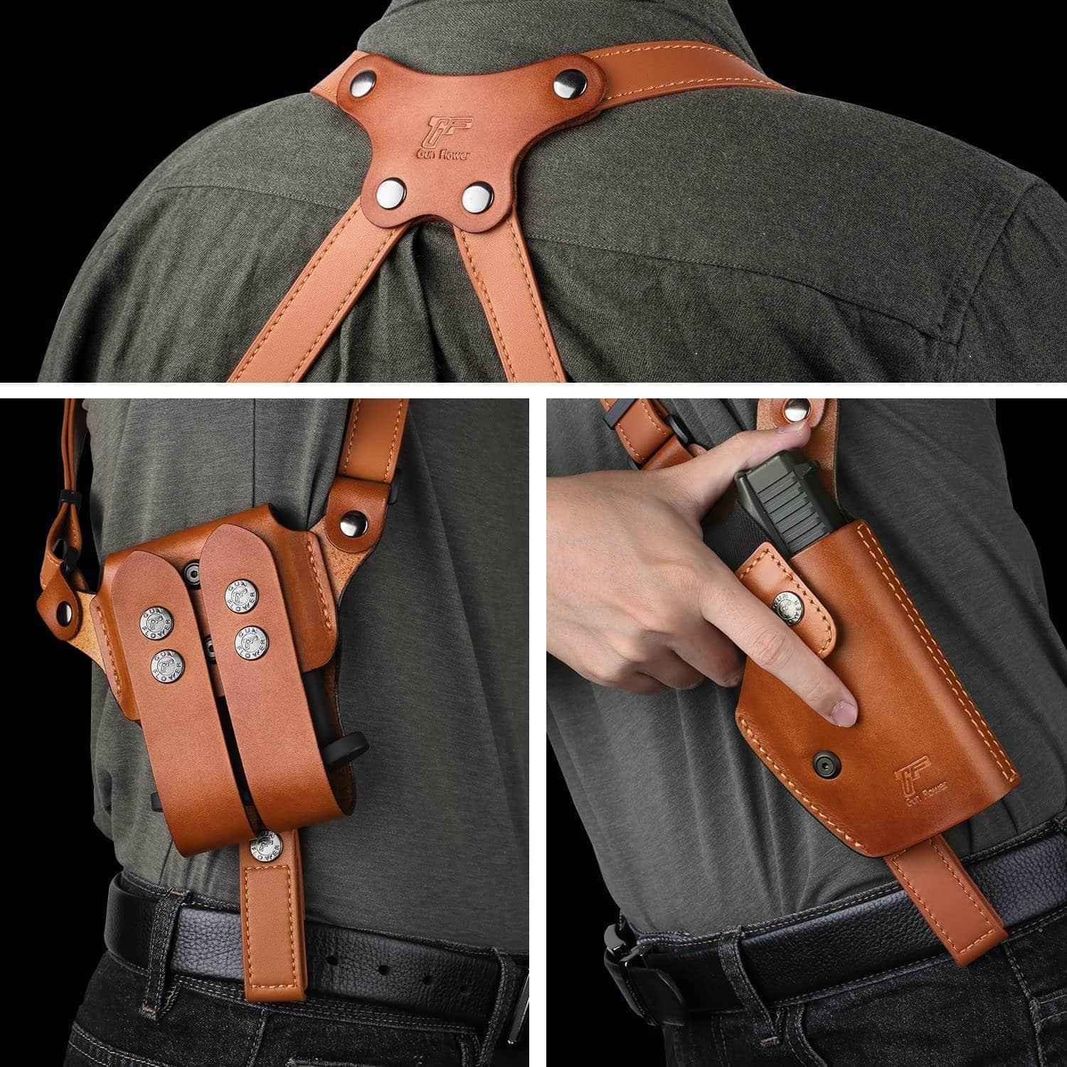 Handmade Universal Leather Shoulder Concealed Holster with Shoulder Straps for Weapons and Double Mag Holder - Right Hand