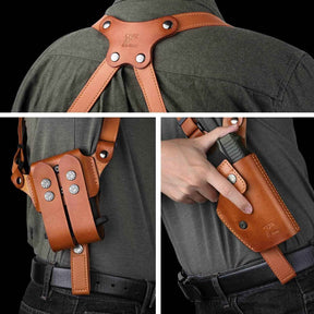 Handmade Universal Leather Shoulder Concealed Holster with Shoulder Straps for Weapons and Double Mag Holder - Right Hand