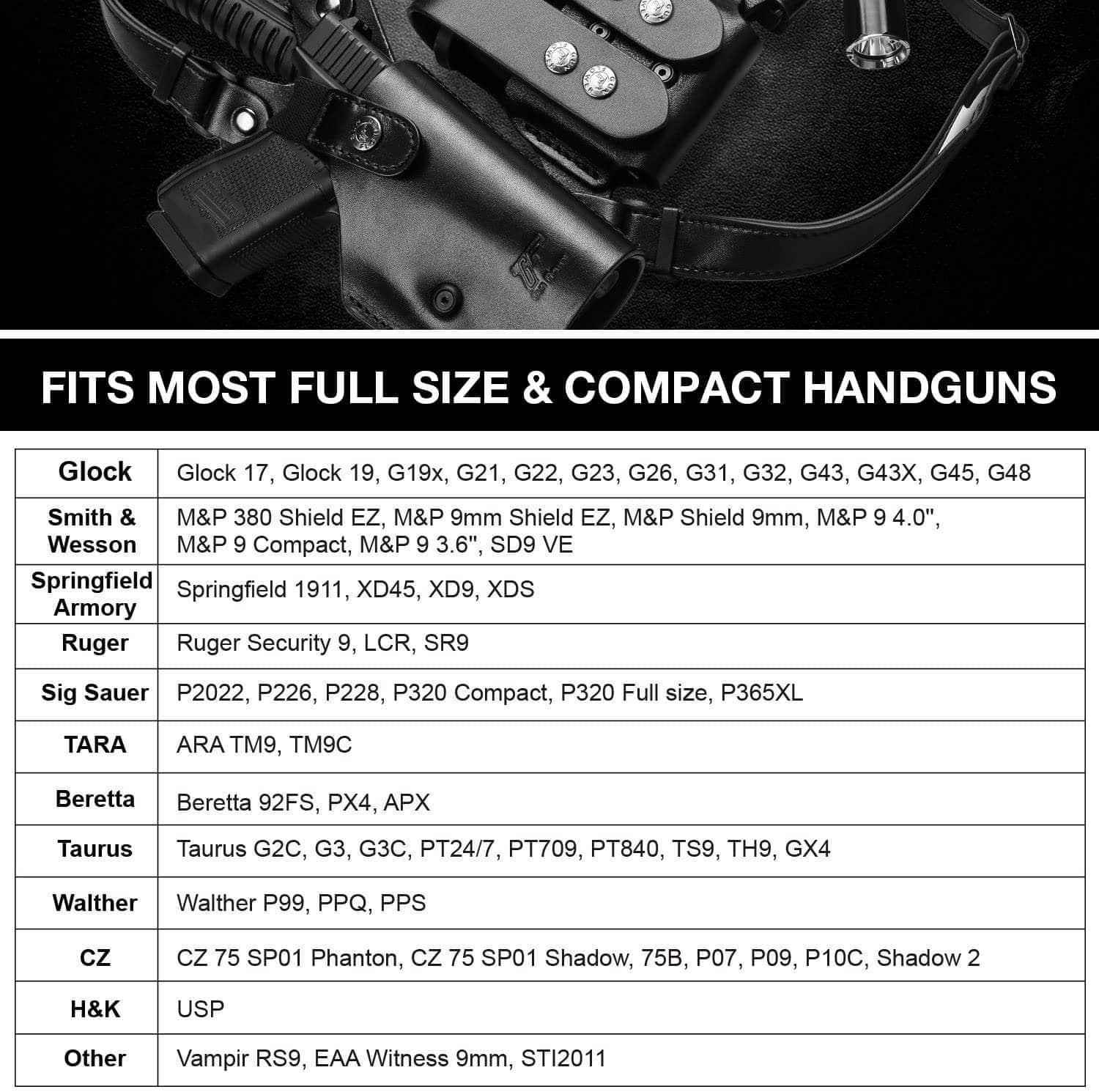 Handmade Universal Leather Shoulder Concealed Holster with Shoulder Straps for Weapons and Double Mag Holder - Right Hand